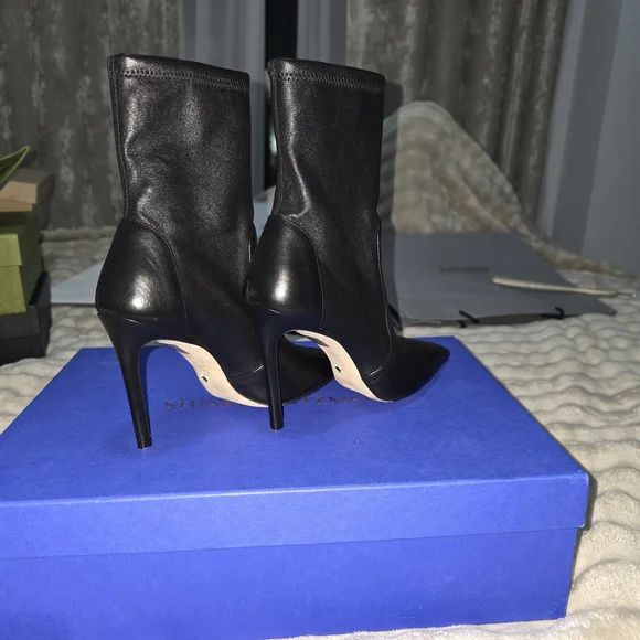 Stuart Weitzman Black Pointed Toe Leather Stiletto Sock Boots - Picture 8 of 10